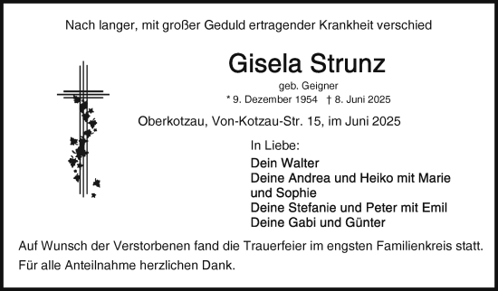 Traueranzeige von Gisela Strunz von Frankenpost