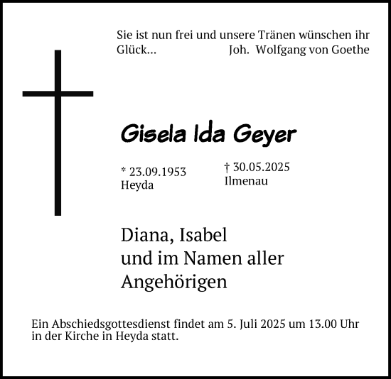 Traueranzeige von Gisela Ida Geyer von Südthüringer Presse