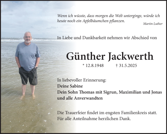 Traueranzeige von Günther Jackwerth von Frankenpost