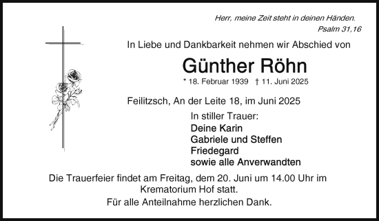 Traueranzeige von Günther Röhn von Frankenpost