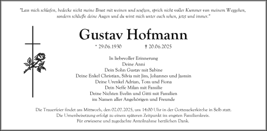 Traueranzeige von Gustav Hofmann von Frankenpost