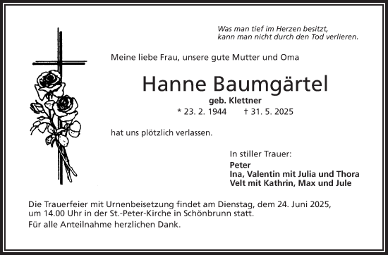 Traueranzeige von Hanne Baumgärtel von Frankenpost