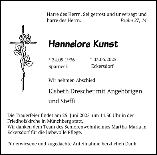 Traueranzeige von Hannelore Kunst von Frankenpost