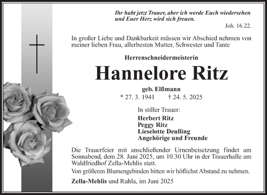 Traueranzeige von Hannelore Ritz von Südthüringer Presse