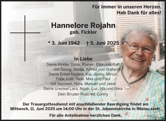 Traueranzeige von Hannelore Rojahn von Frankenpost