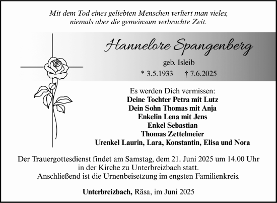 Traueranzeige von Hannelore Spangenberg von Südthüringer Presse