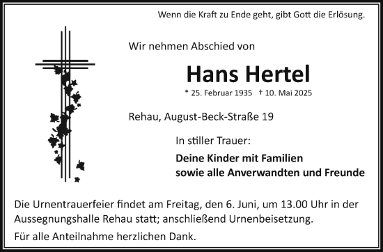 Traueranzeige von Hans Hertel von Frankenpost