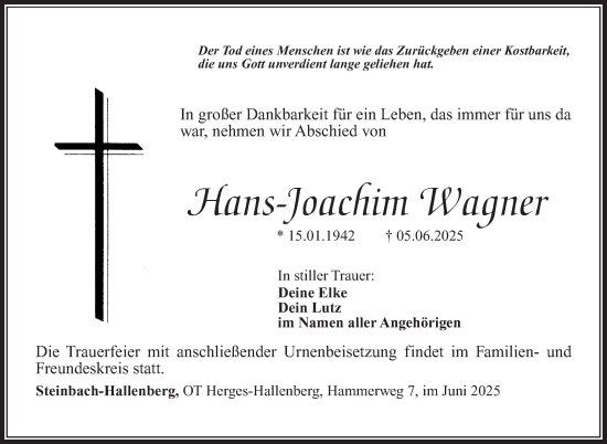Traueranzeige von Hans-Joachim Wagner von Südthüringer Presse