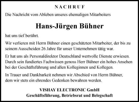 Traueranzeige von Hans-Jürgen Bühner von Frankenpost