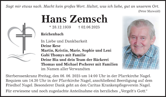 Traueranzeige von Hans Zemsch von Frankenpost