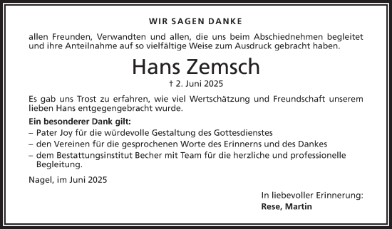 Traueranzeige von Hans Zemsch von Frankenpost