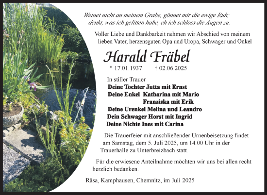 Traueranzeige von Harald Fräbel von Südthüringer Presse