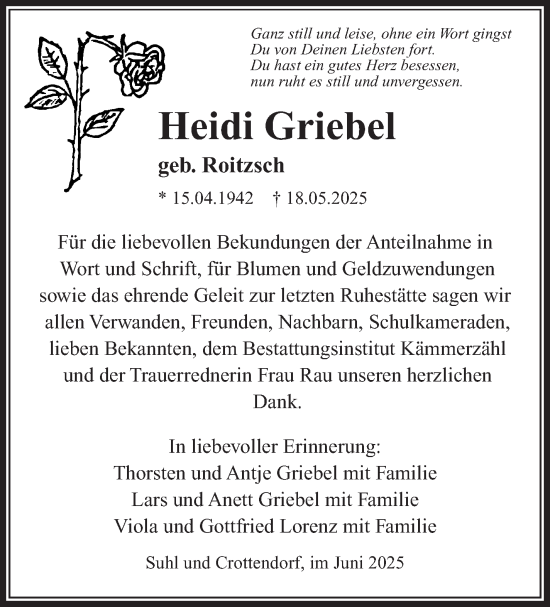 Traueranzeige von Heidi Griebel von Südthüringer Presse