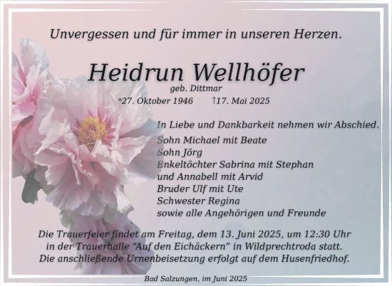 Traueranzeige von Heidrun Wellhöfer von Südthüringer Presse