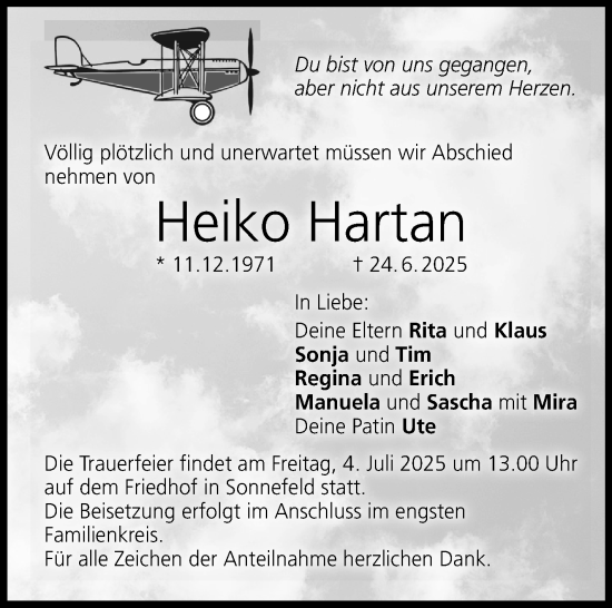 Traueranzeige von Heiko Hartan von Neue Presse Coburg