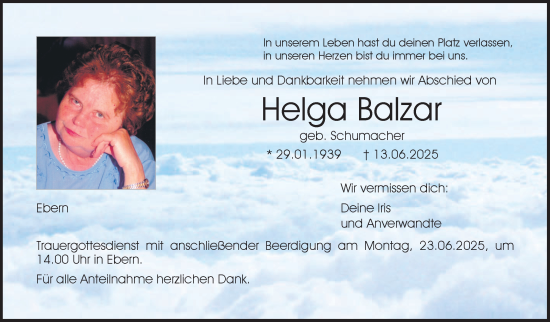 Traueranzeige von Helga Balzar von Neue Presse Coburg