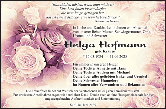 Traueranzeige von Helga Hofmann von Südthüringer Presse