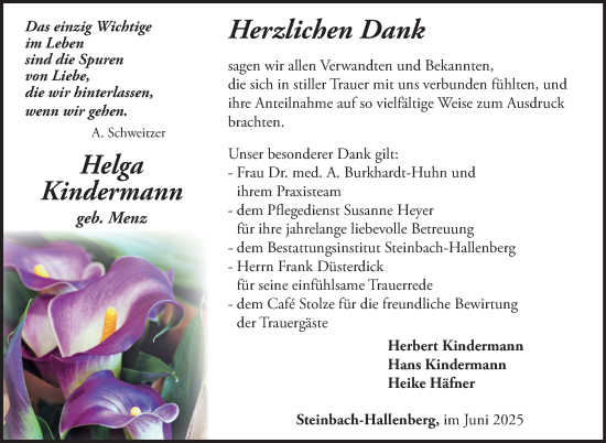 Traueranzeige von Helga Kindermann von Südthüringer Presse
