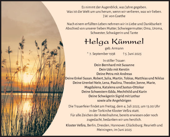 Traueranzeige von Helga Kümmel von Südthüringer Presse