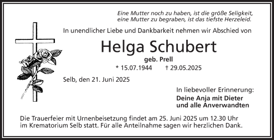 Traueranzeige von Helga Schubert von Frankenpost