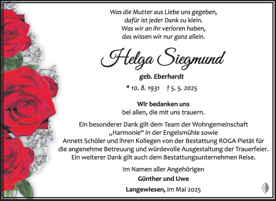 Traueranzeige von Helga Siegmund von Südthüringer Presse