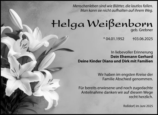 Traueranzeige von Helga Weißenborn von Südthüringer Presse