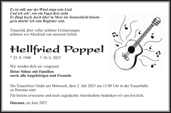 Traueranzeige von Hellfried Poppel von Südthüringer Presse