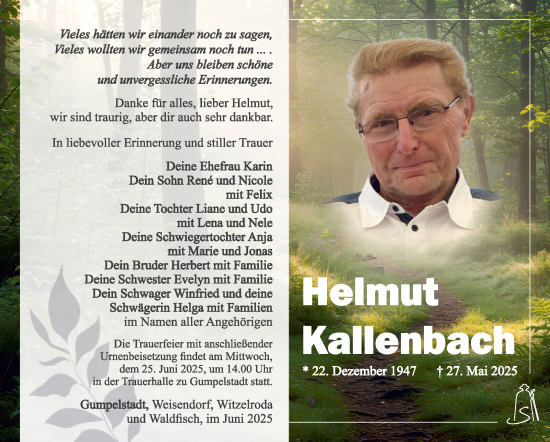 Traueranzeige von Helmut Kallenbach von Südthüringer Presse