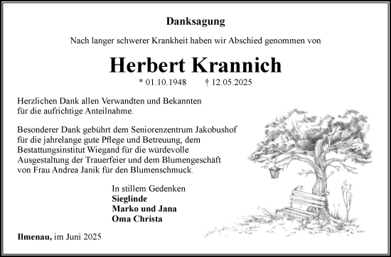 Traueranzeige von Herbert Krannich von Südthüringer Presse