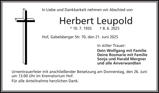 Traueranzeige von Herbert Leupold von Frankenpost