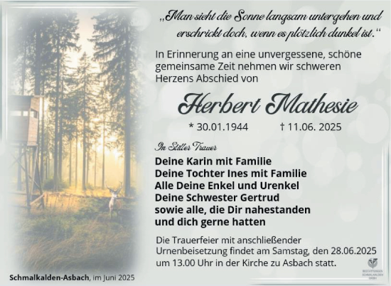 Traueranzeige von Herbert Mathesie von Südthüringer Presse