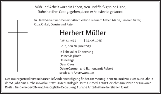 Traueranzeige von Herbert Müller von Frankenpost