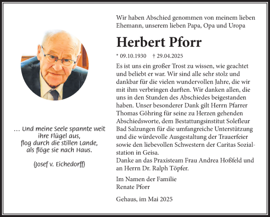 Traueranzeige von Herbert Pforr von Südthüringer Presse