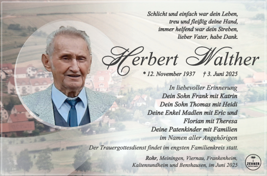 Traueranzeige von Herbert Walther von Südthüringer Presse