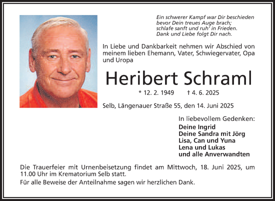 Traueranzeige von Heribert Schraml von Frankenpost