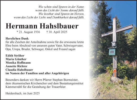 Traueranzeige von Hermann Hahslbauer von Südthüringer Presse