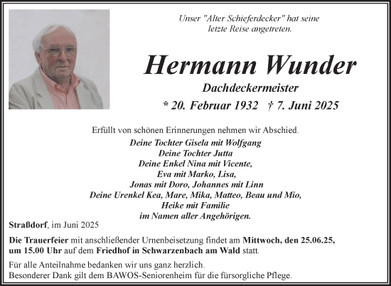 Traueranzeige von Hermann Wunder von Frankenpost