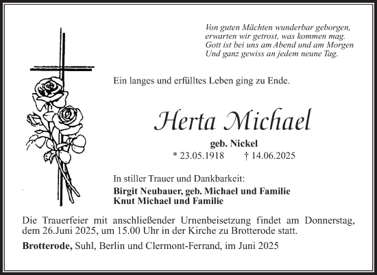 Traueranzeige von Herta Michael von Südthüringer Presse
