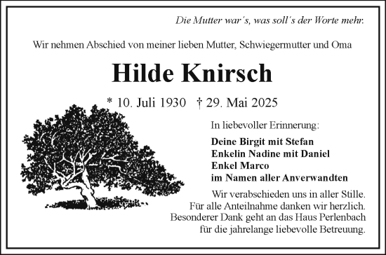 Traueranzeige von Hilde Knirsch von Frankenpost