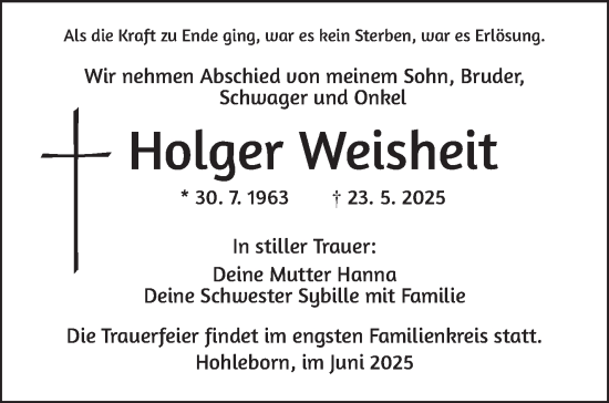 Traueranzeige von Holger Weisheit von Südthüringer Presse