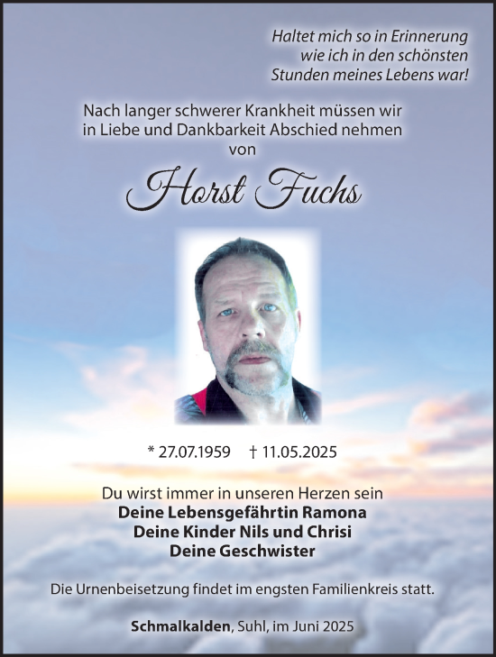 Traueranzeige von Horst Fuchs von Südthüringer Presse