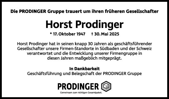 Traueranzeige von Horst Prodinger von Neue Presse Coburg