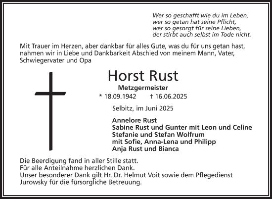 Traueranzeige von Horst Rust von Frankenpost