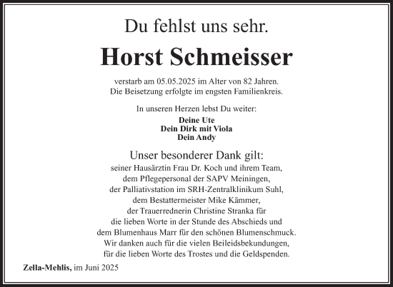 Traueranzeige von Horst Schmeisser von Südthüringer Presse
