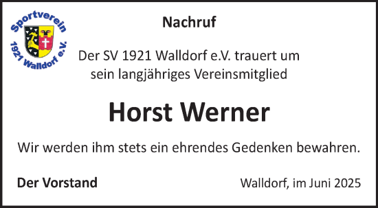 Traueranzeige von Horst Werner von Südthüringer Presse