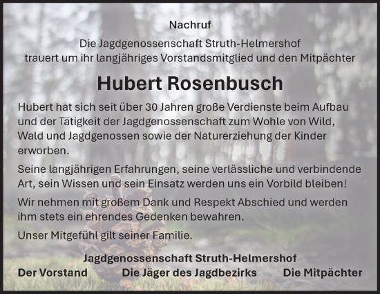 Traueranzeige von Hubert Rosenbusch von Südthüringer Presse