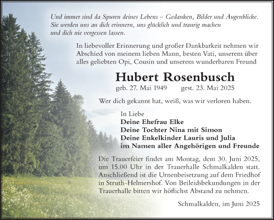 Traueranzeige von Hubert Rosenbusch von Südthüringer Presse