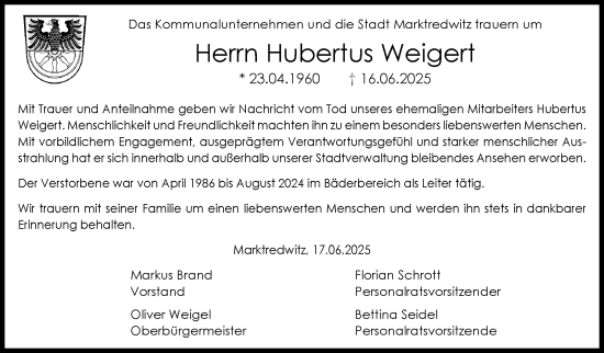 Traueranzeige von Hubert Weigert von Frankenpost