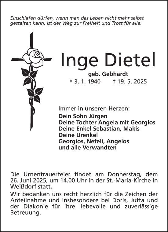 Traueranzeige von Inge Dietel von Frankenpost