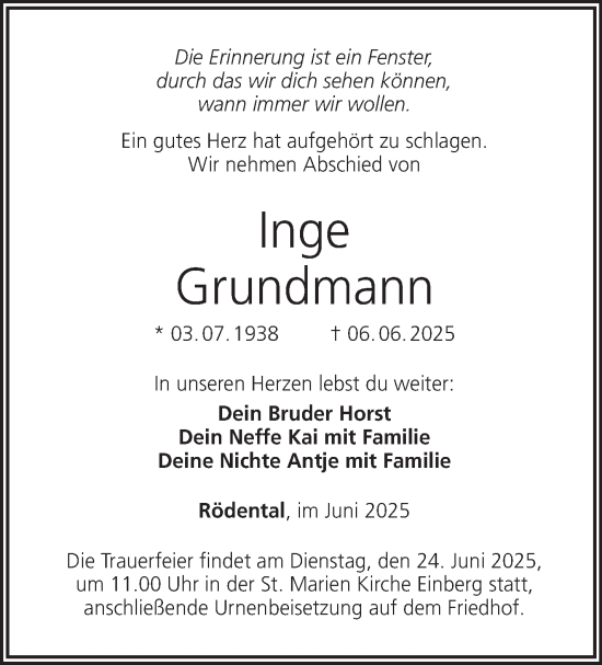 Traueranzeige von Inge Grundmann von Neue Presse Coburg